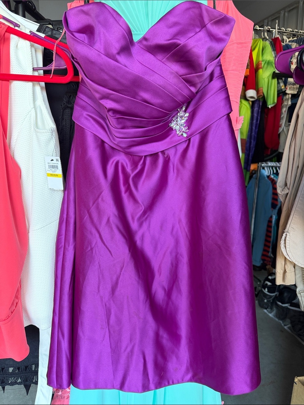 Alfred Angelo Purple Satin Strapless Cocktail Dress with Brooch